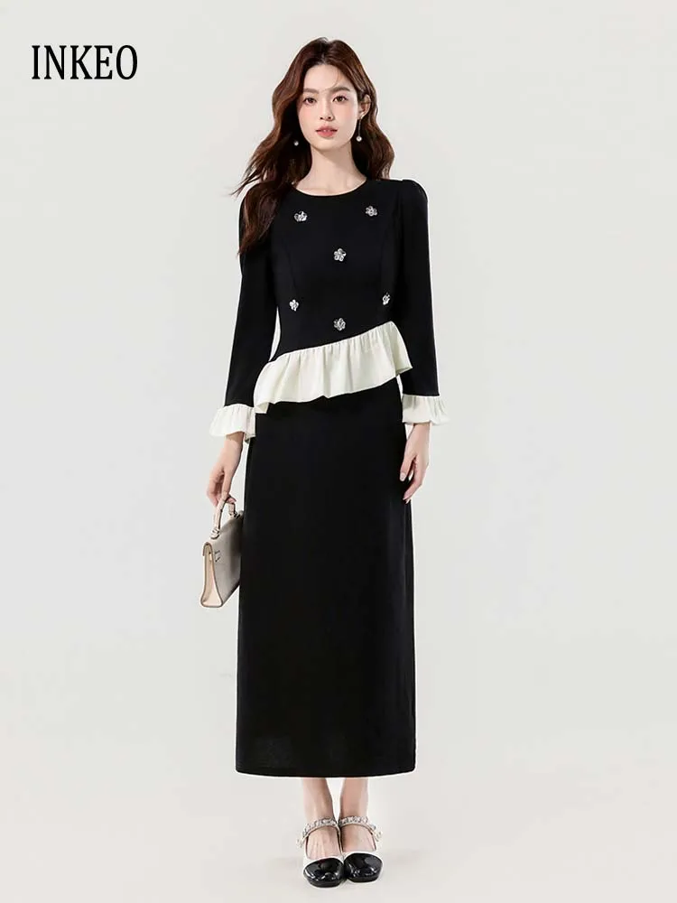 Ensemble 2 pièces élégant à paillettes florales pour femmes, nouvelle collection 2026, hauts patchwork à volants irréguliers et jupe Midi INKEO 5D256