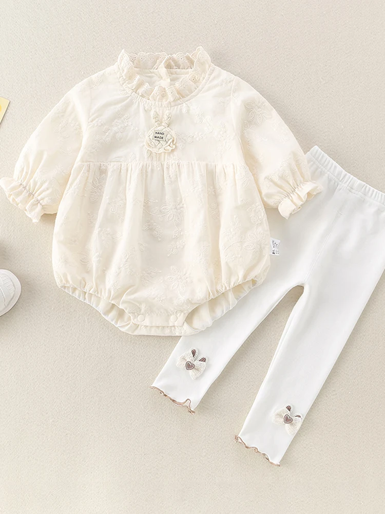 

Spring New Sle Korean Version Baby Girl's Ruffle Collar Rer Set Cute Princ Sle Cling Suit Cotton Long Pants