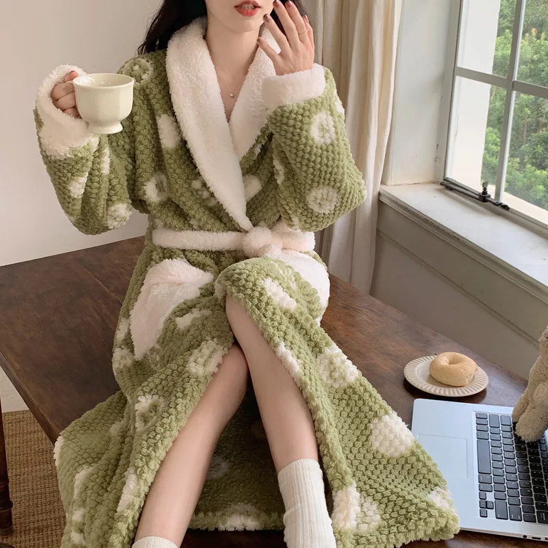 2024 Winter New Flannel Sleepwear Loose Kimono Robe Sweet Homewear Women Warm Robes Long Nightwear Coral Fleece Lounge Wear