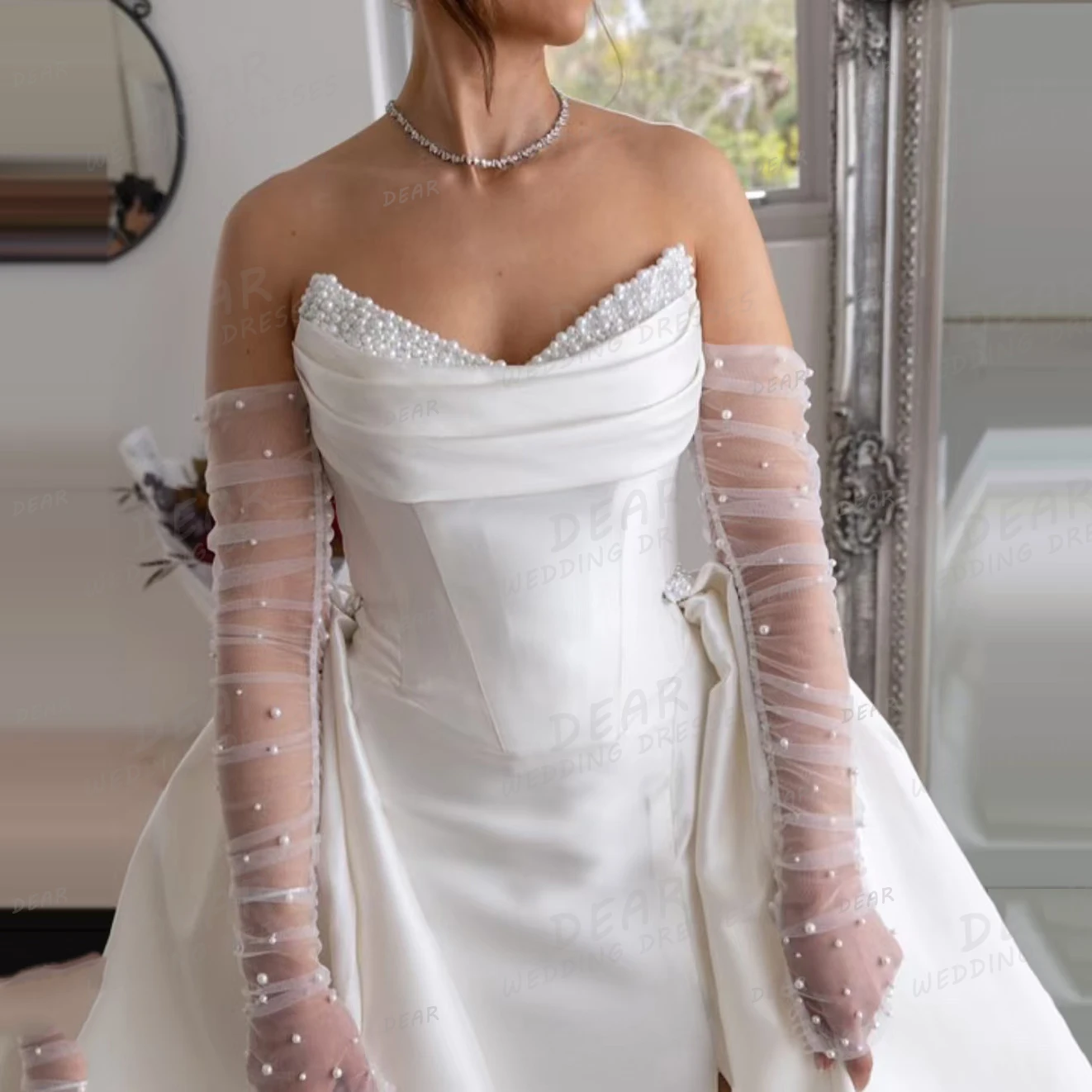 Abiti da sposa eleganti da donna con perline scollo a barca sirena 2 in 1 abiti da sposa senza maniche senza schienale abiti da sposa personalizzati