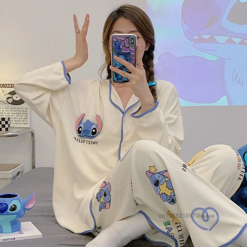 Disney Stitch Women Spring Autumn New Pajamas Sweet Y2k Girl Fashion Long Sleeve Sleepwear Korean Style Casual Home Clothes Set