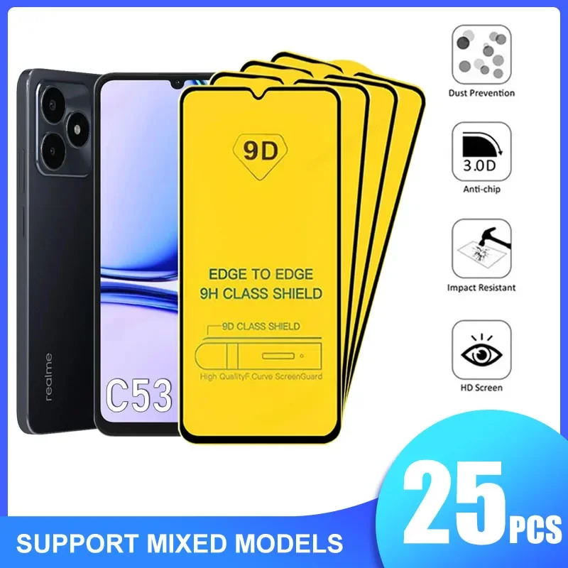 25PCS For Realme C55 9D Tempered Glass For Realme C1 2 3 C11 12 15 17 20 21 25 30 31 Screen Protectors For Realme GT Neo 2 3 5