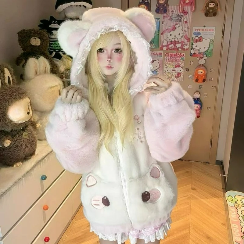 Japanese Sweet Lolita Cat Ears Hooded Jackets Women Cute Cartoon Embroidery Plush Coat Harajuku Y2k Thicken Winter Warm Overcoat