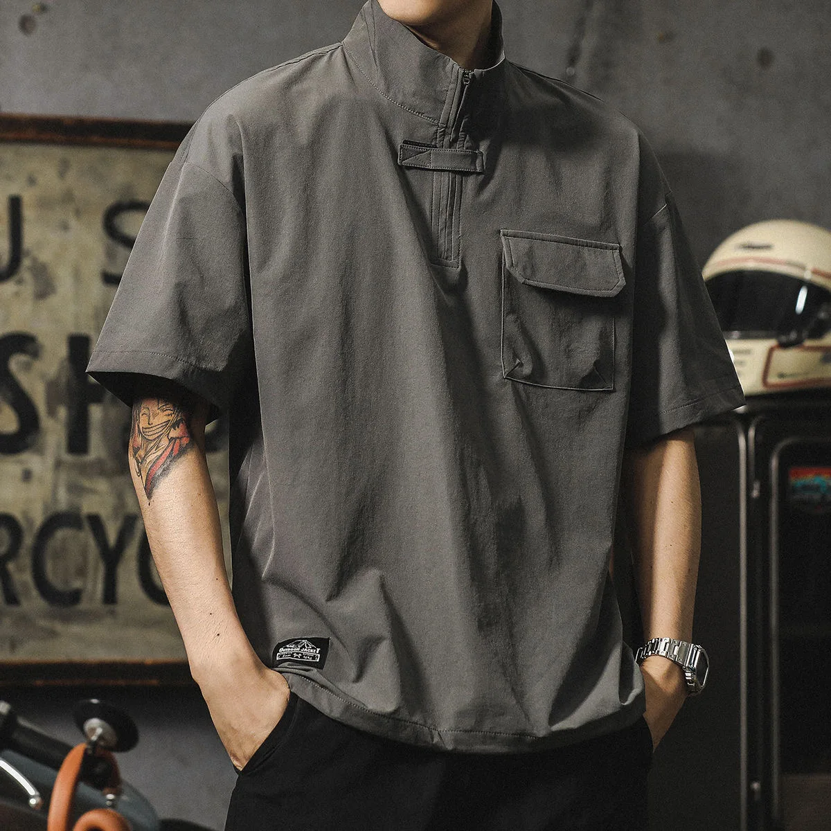 American Retro Men's Short Sleeve  Shirt Ice Silk Workwear Shirt Trendy Brand Handsome Casual Summer Clothing