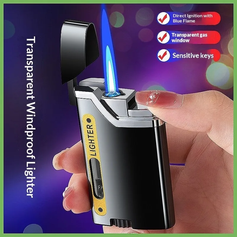 Creative and personalized visual gas flip up straight forward blue flame men's high-end durable ultra-thin windproof lighter