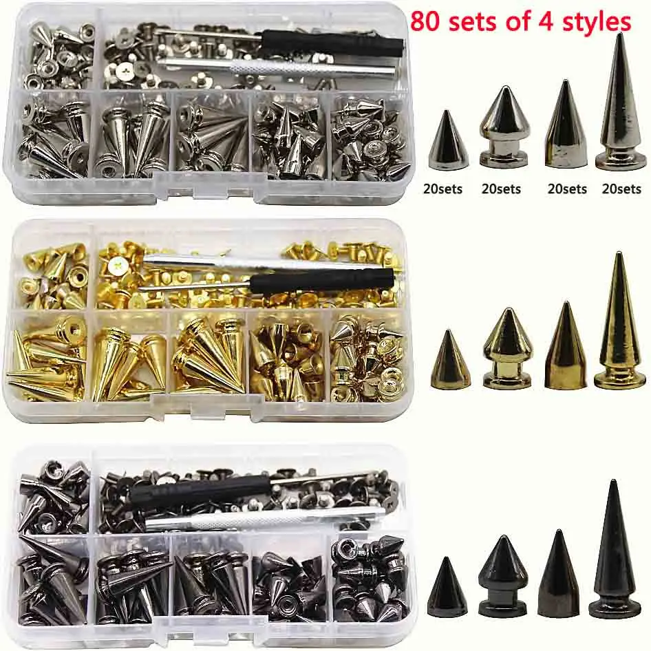 180/80 Sets Punk Rivet Screw Back Studs and Spikes Kit with Tools Leather Craft Bullet Cone DIY for Leather collar Bracelet