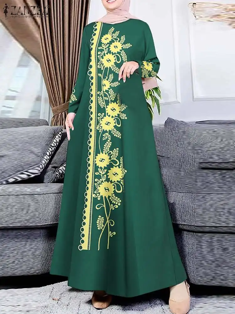 ZANZEA-vestido muçulmano estampado floral para mulheres, abaya vintage, manga longa, vestido de verão maxi, vestimenta de Dubai, Ramadã, 2021