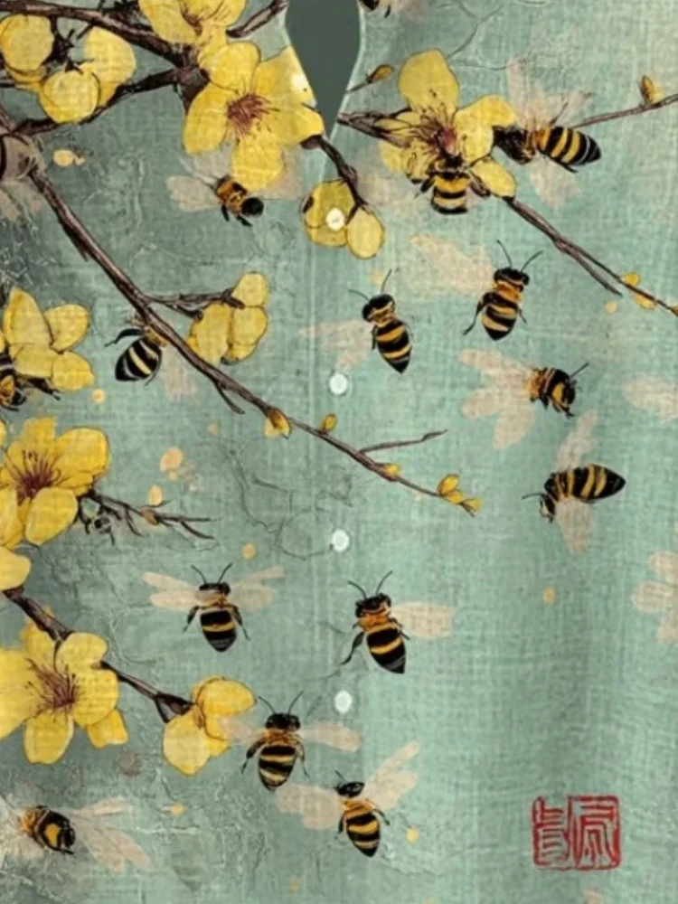 Men's A Bunch Of Bees Surround Yellow Plum Blossoms Art Print Short Sleeve Shirt Boho Blouse Single Breast Summer 2025 Tops Male