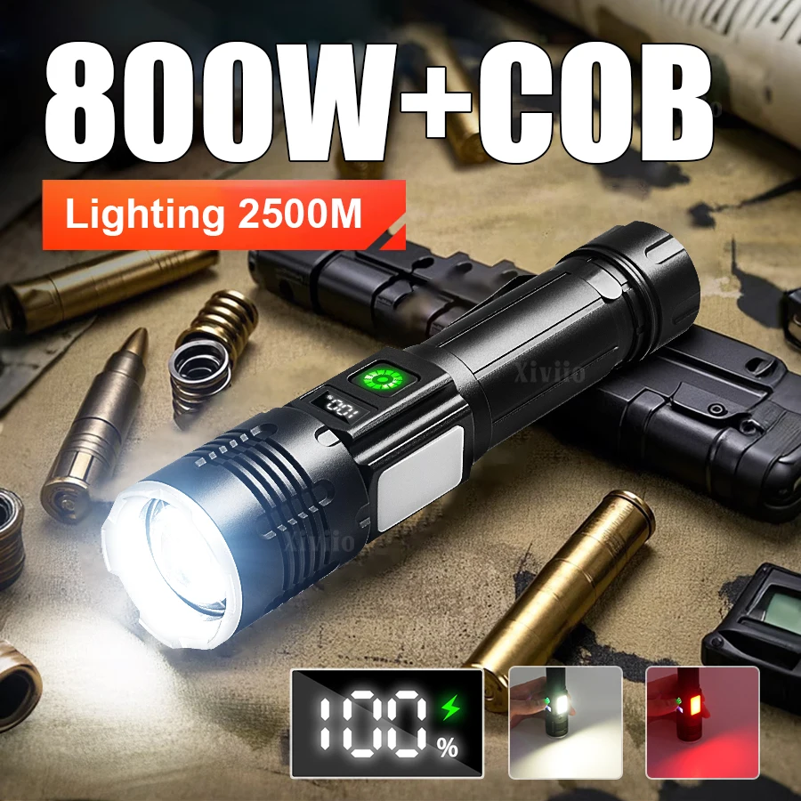 

Многофункциональный портативный фонарик 800 Вт, перезаряжаемые светодиодные фонари высокой мощности, мощный фонарик с боковыми фонарями, магнитный и зажим