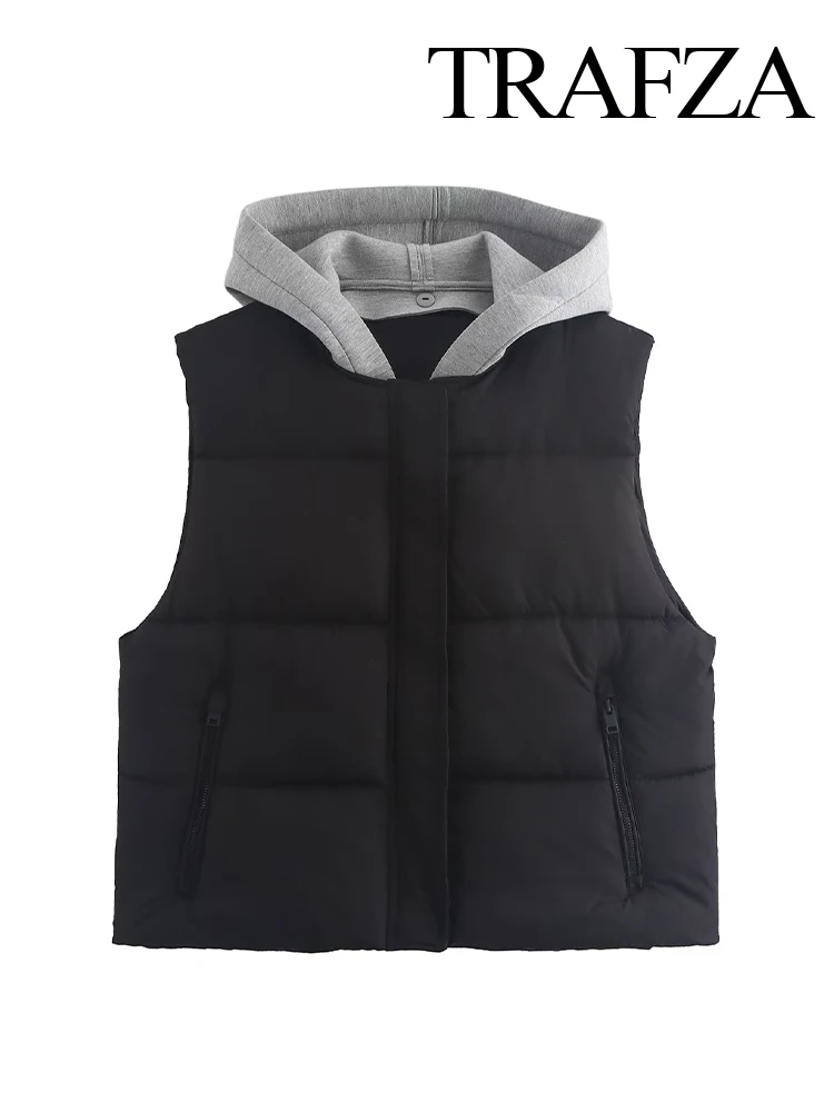 TRAFZA Women's Winter Fashion Hooded Spliced ​​Zipper Concealed Button Cotton Vest Female Elegant Pocket Casual Sleeveless Coat