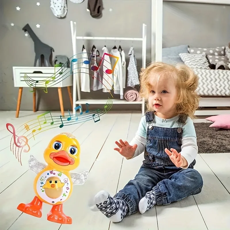 Dansspeelgoed Eend met zwaailichten Muziek Cartoon Pluche voor peuters Roterende vleugels Bewegende ogen Werkt op batterijen Cadeau