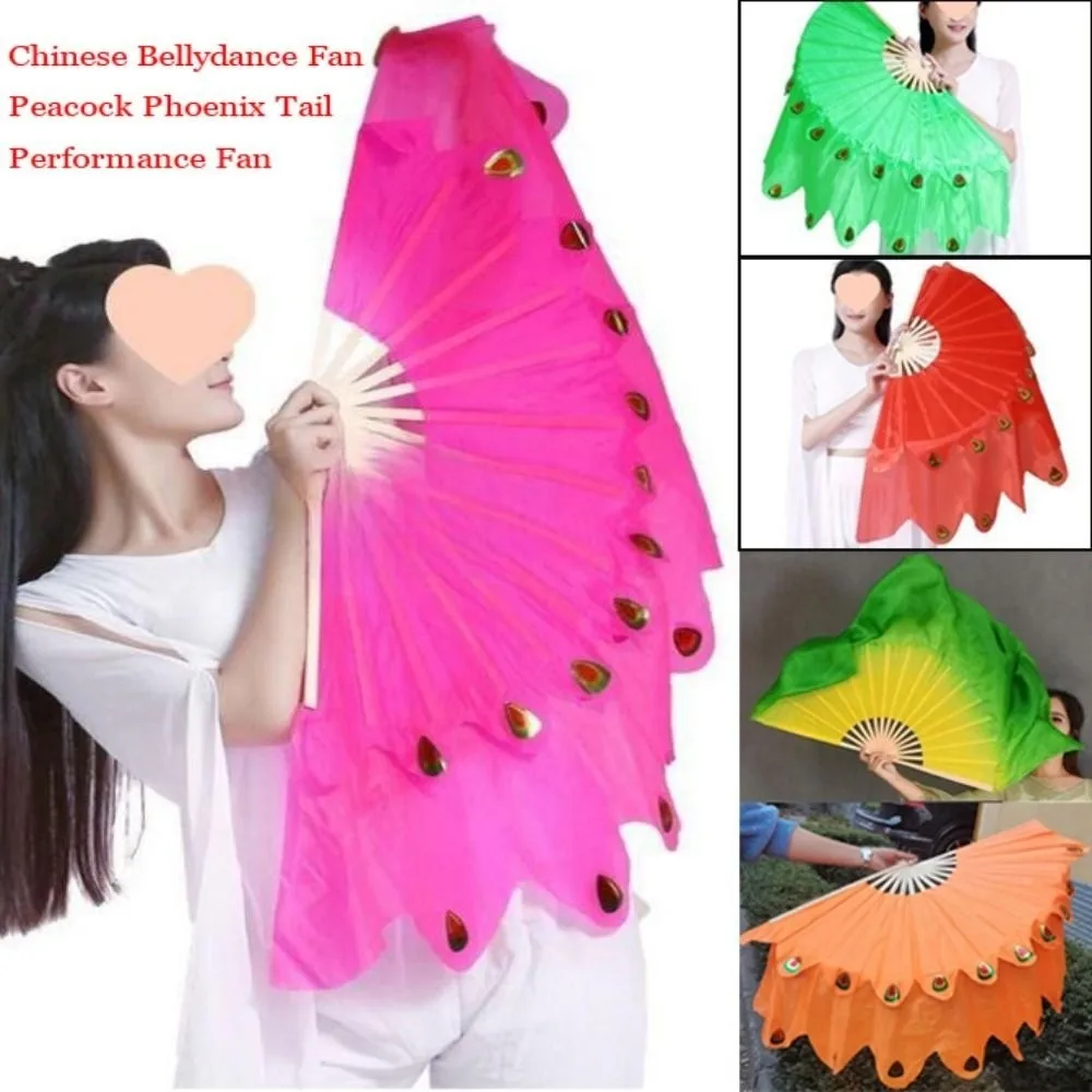 31/36 centimetri di Bambù Cinese Breve Danza Del Ventre Fan Ballerino Pratica 10/25 centimetri Mezza Cerchio Velo di Seta Pavone Coda Fan mano tintura multicolore