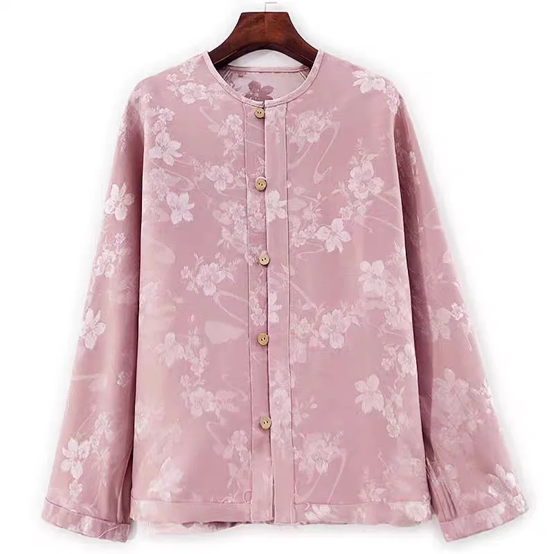 قميص BirdTree-35% حريري 65% من الصوف الأنيق، جاكار نسائي برقبة دائرية مزين بالزهور، بلوزة فضفاضة أنيقة للتنقل بتصميم عتيق، جديد لخريف 2025 T5O430CC #2