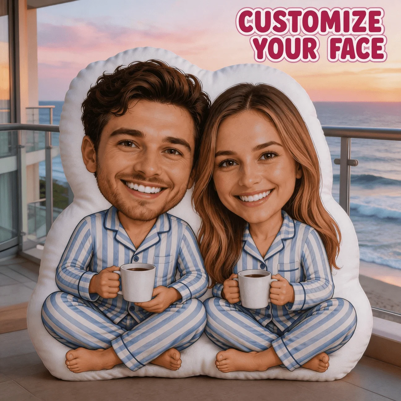 Custom Couple Photo Shaped Pillow, Personalized Face Decorative Cushion with Blue Striped Pajama Design, 70cm Large Size Accent