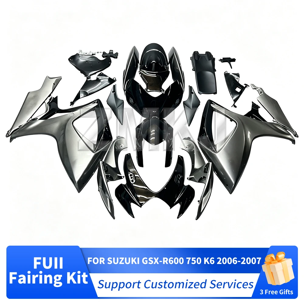 New Model Custom Motorcycle Fairings For GSXR600 750 2006 2007 K6 K7 ABS Injection Fairing Kit Black Glass Metallic Silver Gray