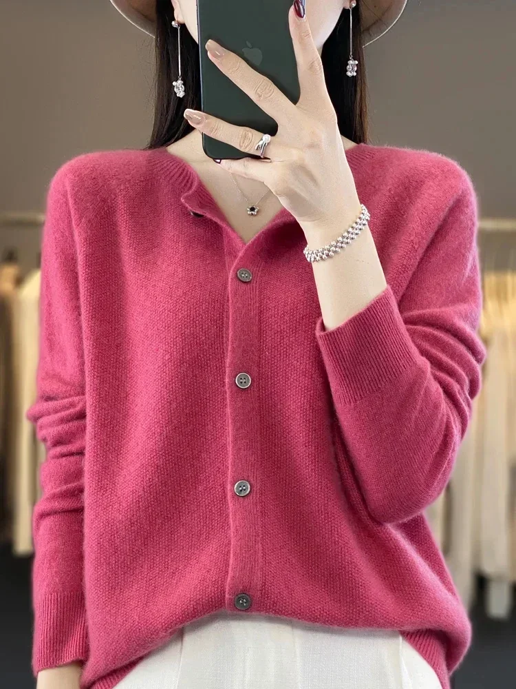 New Chic Spring Women‘s O-neck Grace Cardigan Sweater 100% Merino Wool Solid Cashmere Knitted Female Clothing Korean Style Tops