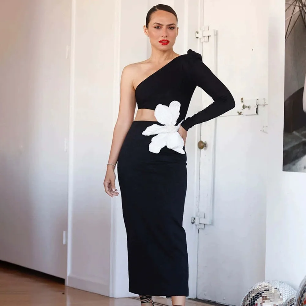 

Women Dresses Fashion Sexy Flowers Slim One-shoulder Gowns Ankle Length Chic Pearls Flowers Straight Black Evening Dresses