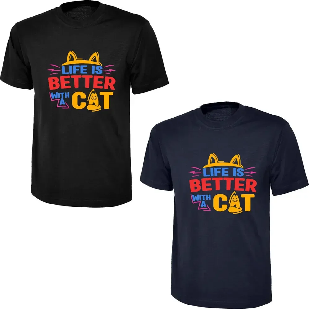 Life Is Better With A Cat T-Shirt Funny Cute Cat Lovers Kitten Unisex Gift 100% Cotton O-Neck Summer Short Sleeve Casual T-shirt