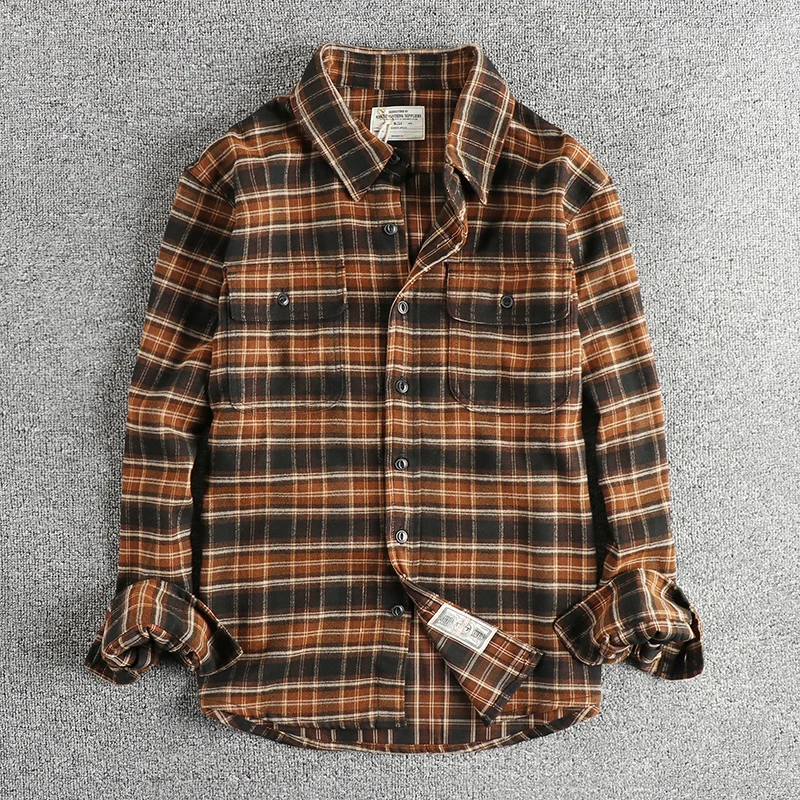 Autumn New American Retro Long-Sleeve Lapel Brushed Fabric Plaid Cargo Shirt Men's Simple Washed Double Pocket Casual Blouses