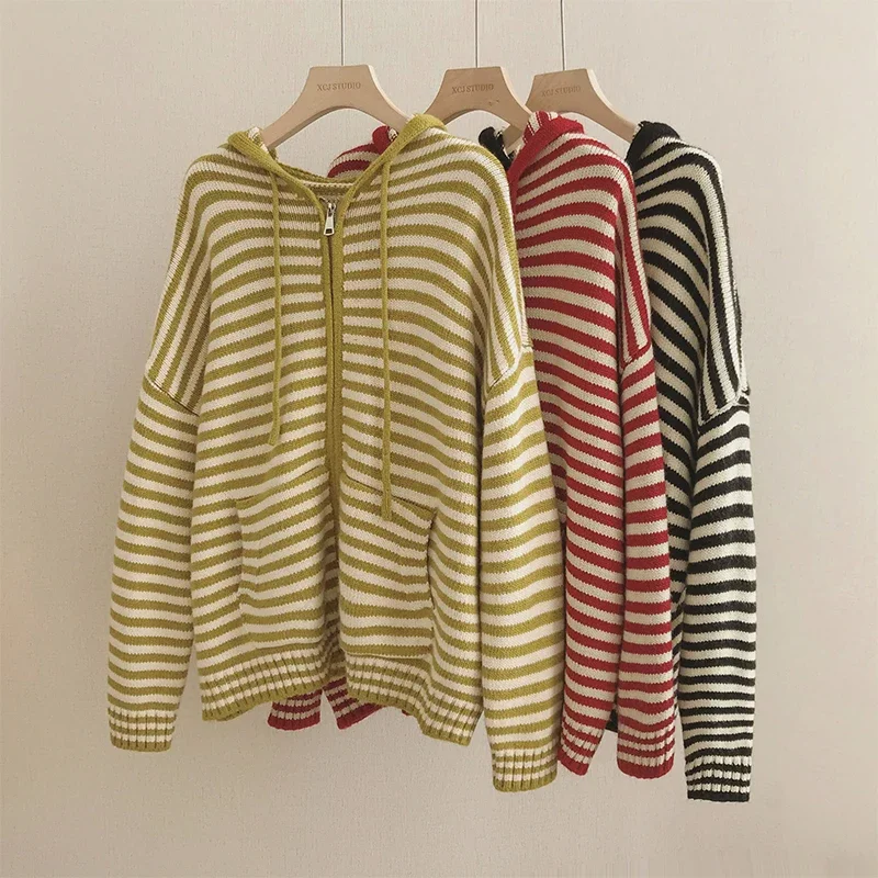 Contrast Color Stripe Hood Knit Cardigan Women Autumn and Winter New Loose Design Sense Long Sleeve Cardigan Sweater Outerwear