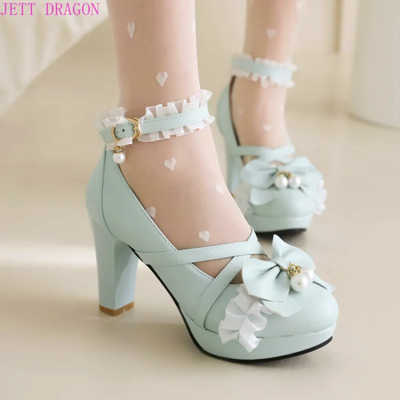 

New Sweet Bow High Heels Women's Chunky Heels Ruffled Mary Jane Ladie Pumps Party Wedding White Pink Black Girls Lolita Shoes