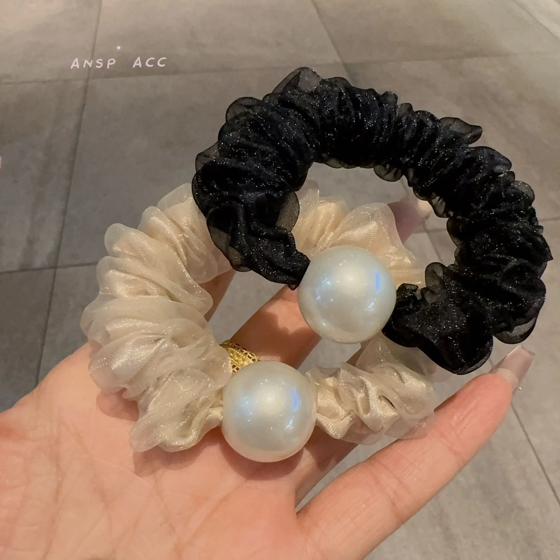 

New Double-layer Organza Pearl Hairband For High Ponytail Hair Tie For Bun Hairstyle Black and White Hair Band Tie For Women 6pc