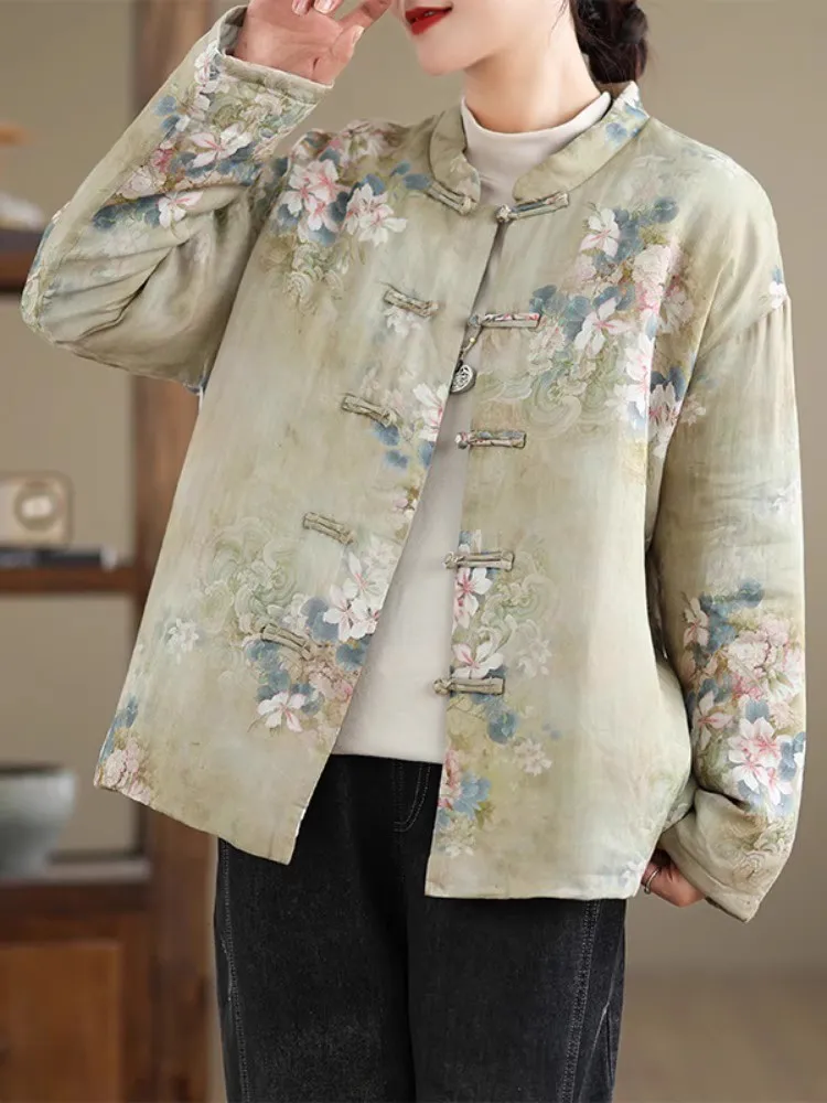 

Хлопковая винтажная женская куртка с принтом, осень-зима 2021, стеганое пальто в стиле Тан с воротником-стойкой и пуговицами, верхняя одежда w465