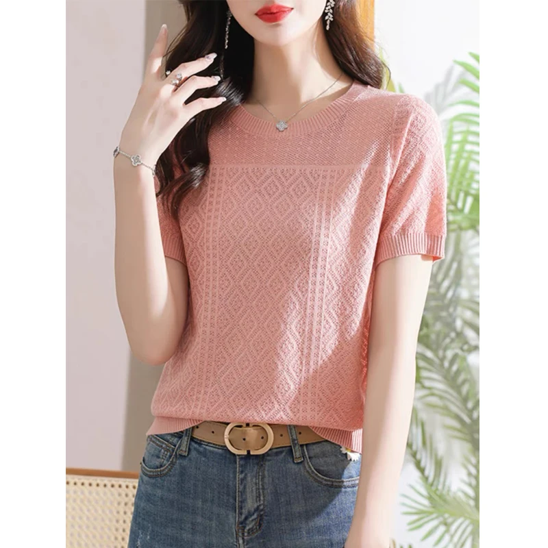 Women Korean Fashion Solid Elegant Ice Silk Knitted T-shirt 2024 New Summer Casual O Neck Short Sleeve Slim Basic Pullover Tops