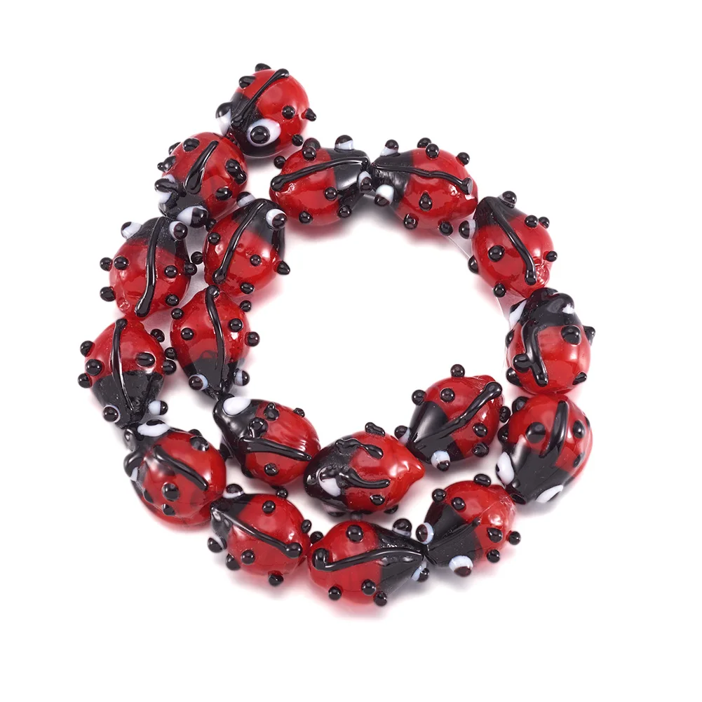 Pandahall-Cuentas de lámpara hechas a mano para fabricación de joyas, 1 hebra, escarabajo lindo, mariquita, hallazgos de pulsera DIY, rojo 12 ~ 14x9 ~ 10x5 ~ 6mm