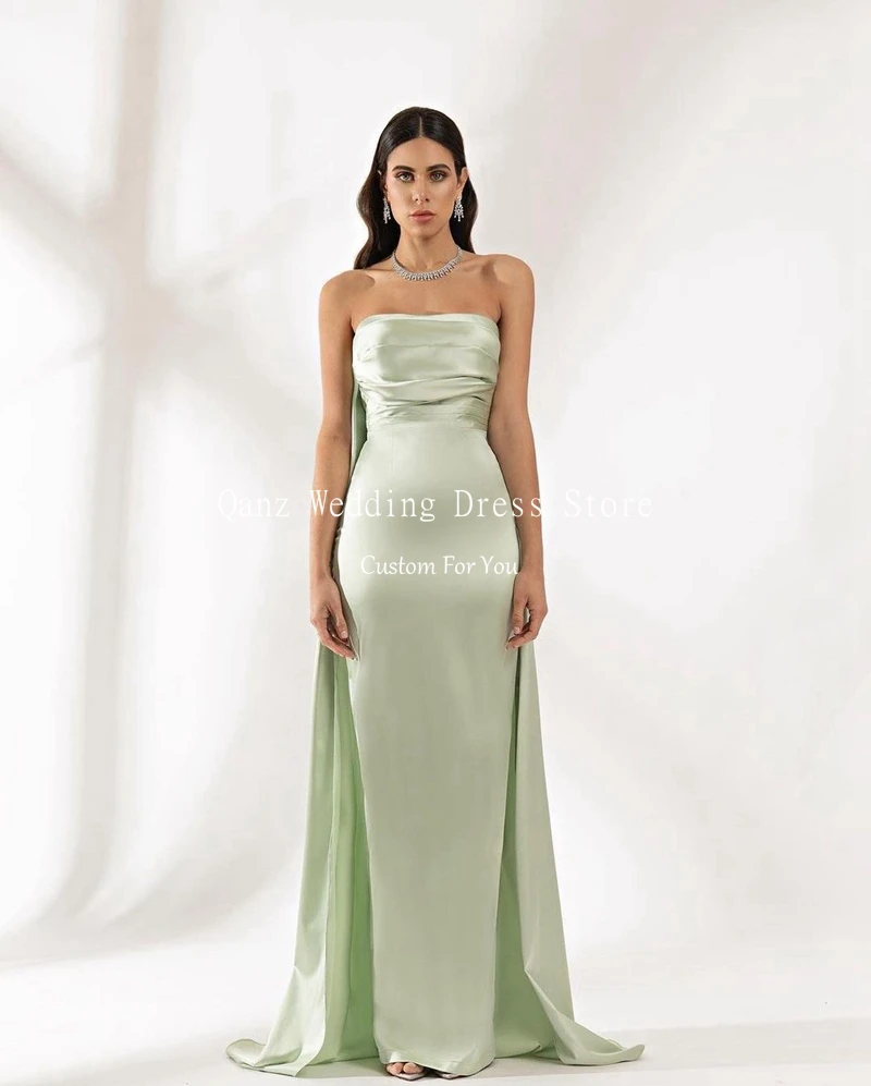 Qanz Sexy Ming Green Evening Dresses Arabic Women Mermaid Satin Long Cape Prom Gowns Formal Occasion Party Dress Customized