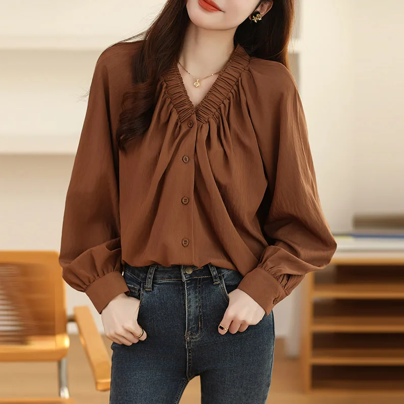 Women\'s Clothing French Style Solid V-neck Shirts Spring Summer Casual Loose Long Sleeve Button Blouses Chic All-match Tops