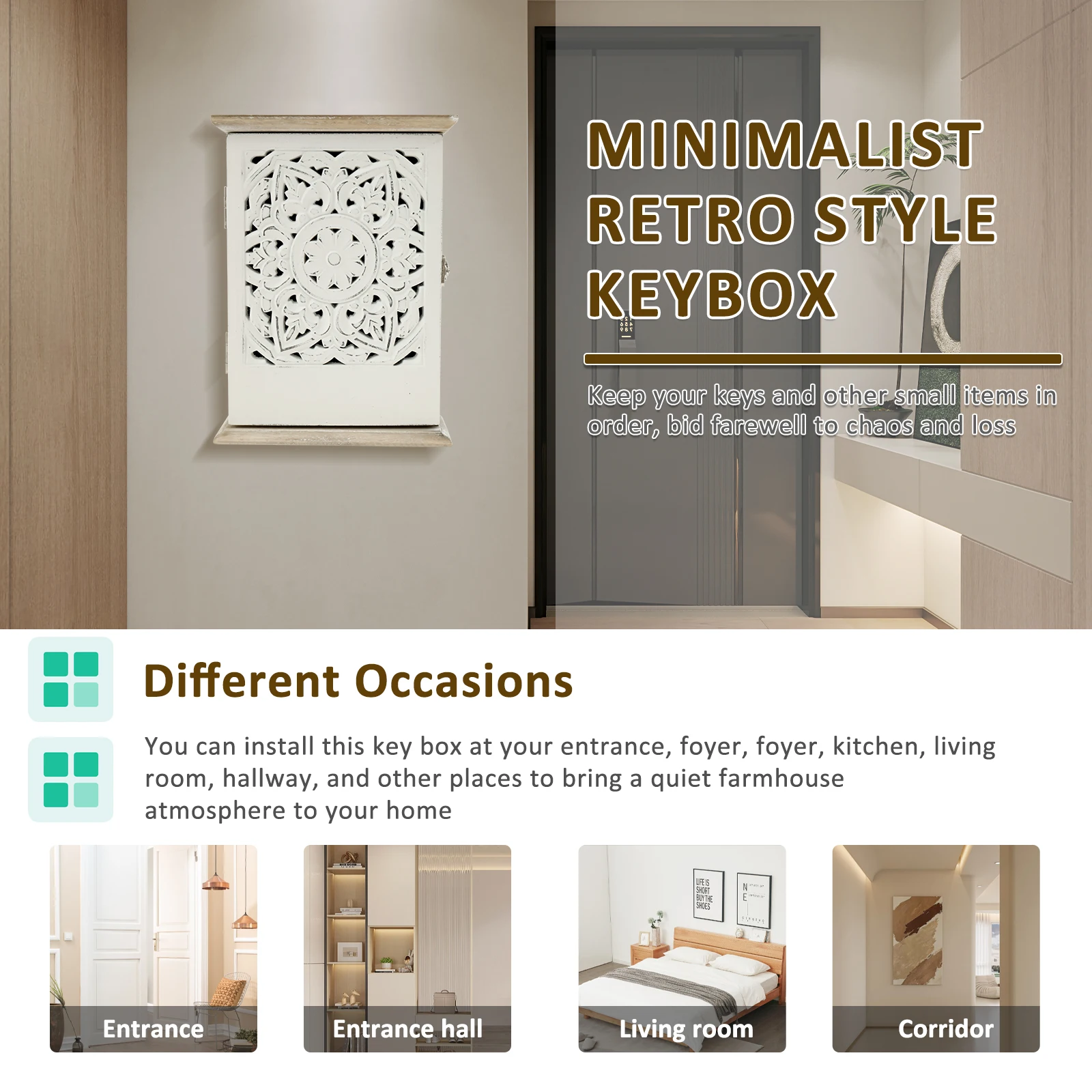Decorative Wood Key Cabinet Vintage Key Holder Box Wall Mounted Wood Key Box Minimalist Wall Key Cabinet Box with 6 Key Hooks
