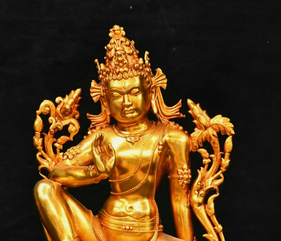9.8''Old Tibet Bronze Gilt Green Tara Mahayana Enlightenment Buddha Statue