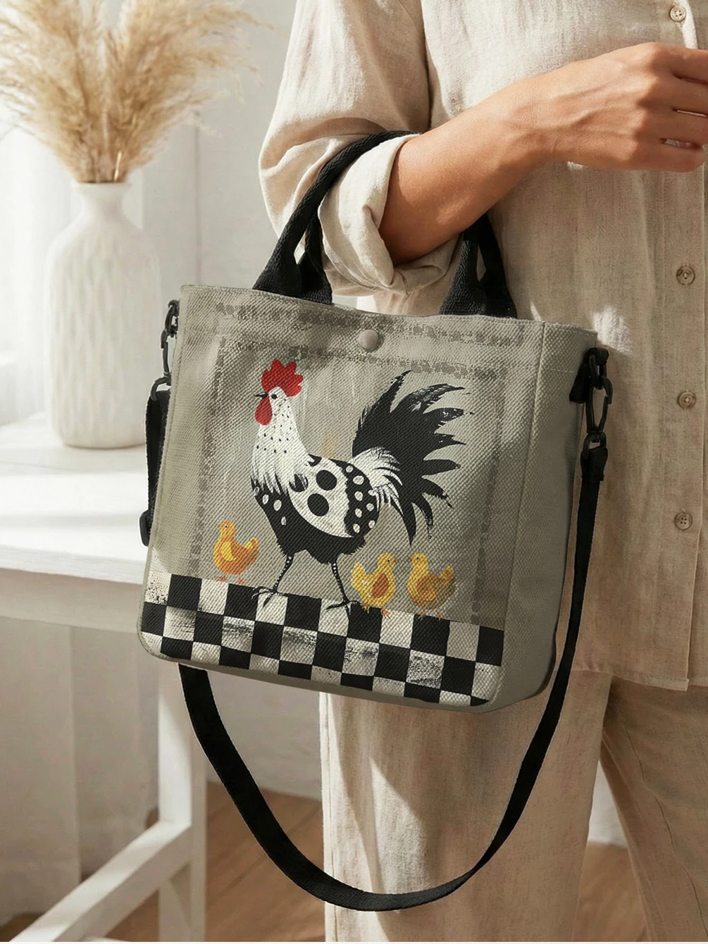 Rooster print handbag with detachable shoulder strap and crossbody bag, suitable for women's daily shopping