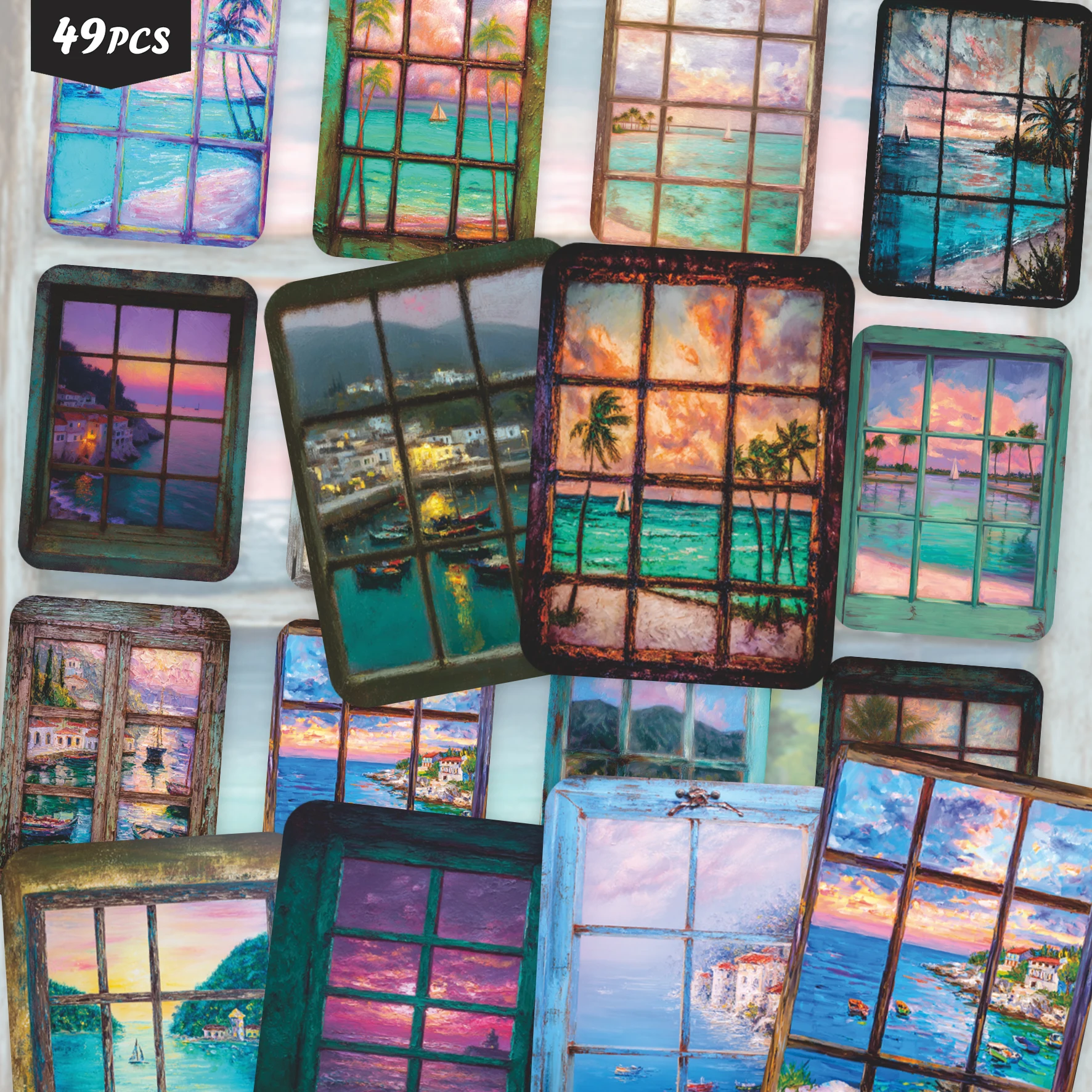 49PCS Coastal View Sticker Set for laptops, Old Frame & Beach Scenery Designs, Great for Planner Decor & Collage Art