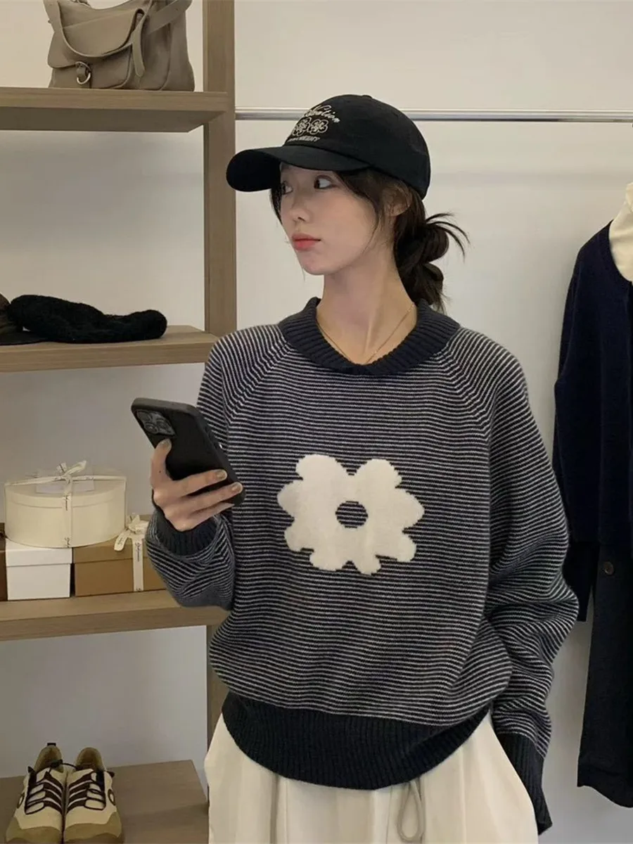 

Korobov Корейский винтажный осенний универсальный цветочный жаккардовый свободный вязаный пуловер с длинными рукавами