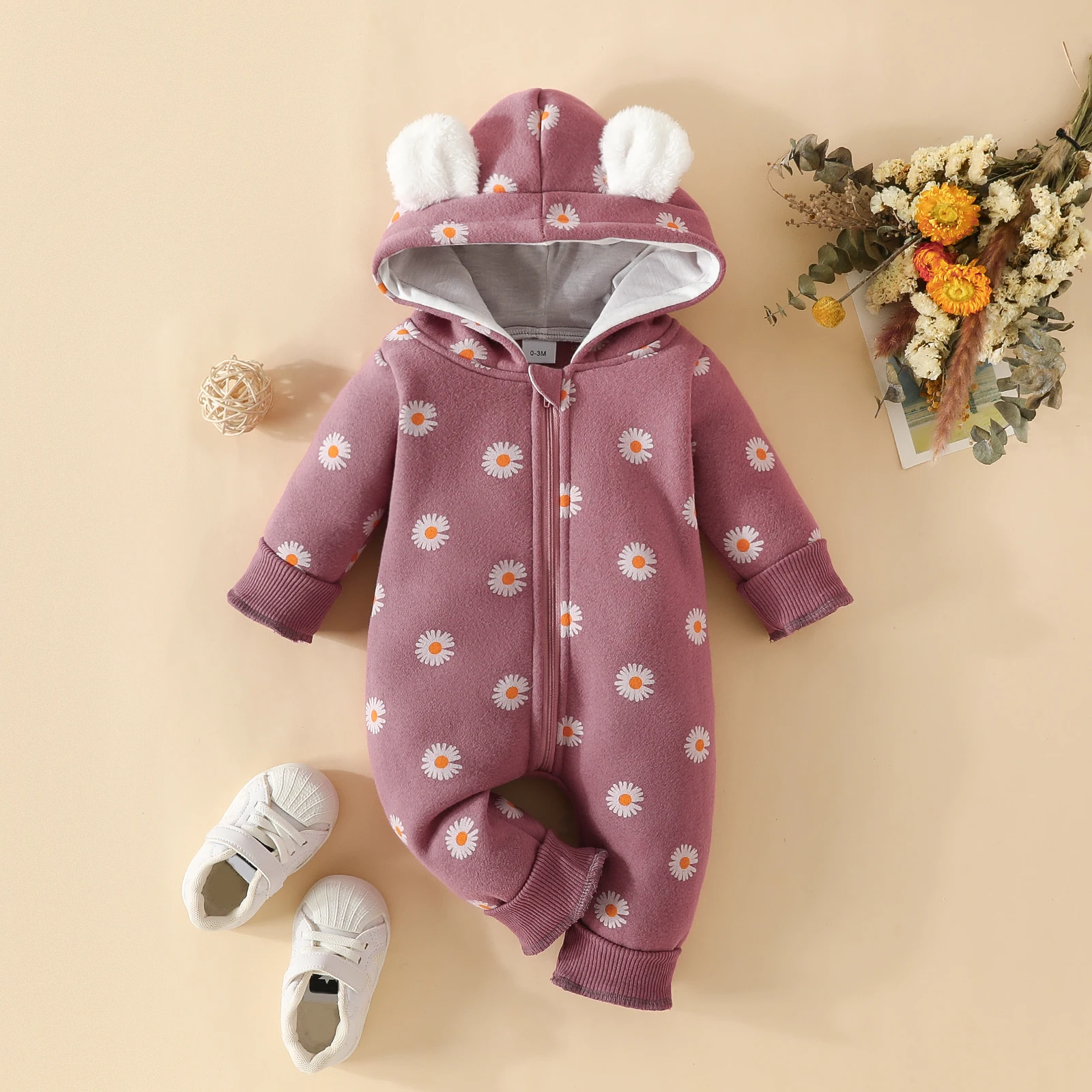 Baby Cute Small ears Long Sleeve Hat Zipper Warm Outer Wear Length Baby Romper Girls winter love thick long Baby Romper