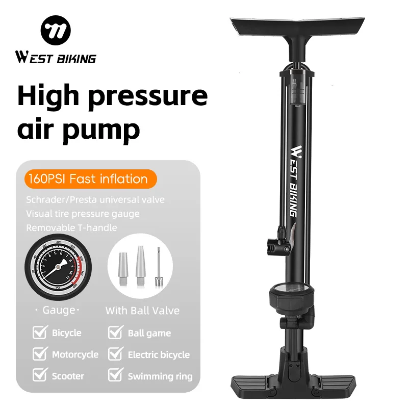 WEST BIKING Bicycle Pump 160 PSI Large Pressure Gauge Pump Air Nozzle Pump MTB Road Bike Inflating Tool Bicycle Accessories