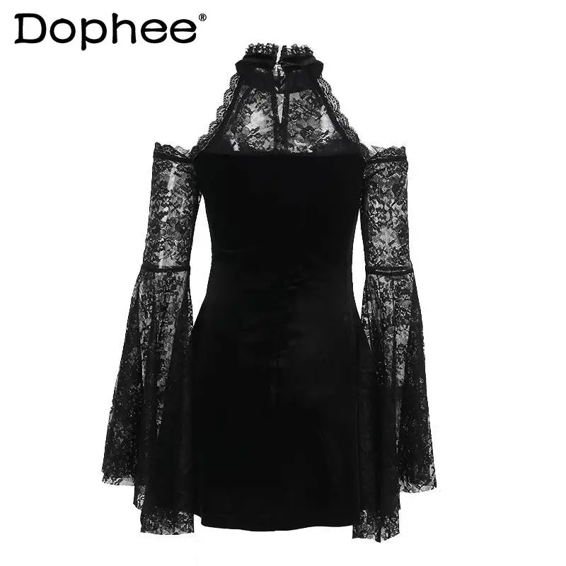 

Y2K Subculture Japanese Original Dark Lolita Lolita Dress Sexy Elegant Lace Bell Sleeve Velvet Waist Dress for Women