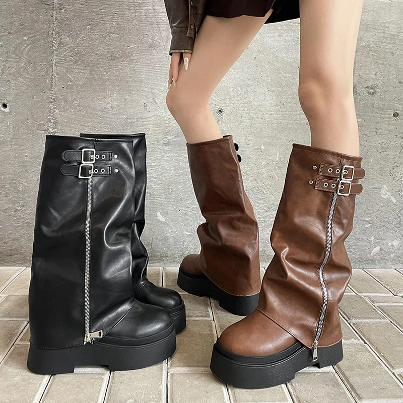 Vintage Platform Flats Women Knee High Boots Fashion Belt Buckle Shoes Autumn Winter Ladies Knight Long Booties