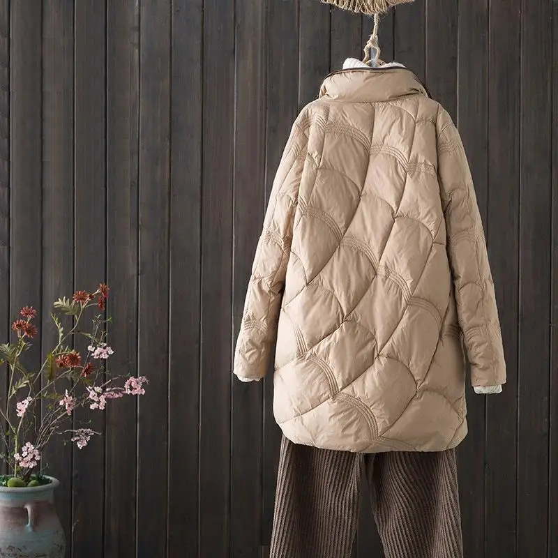 Leve puffer jaet feminino de comprimento médio branco du down faionable retro nuvem padrão gola casaco fino ajuste