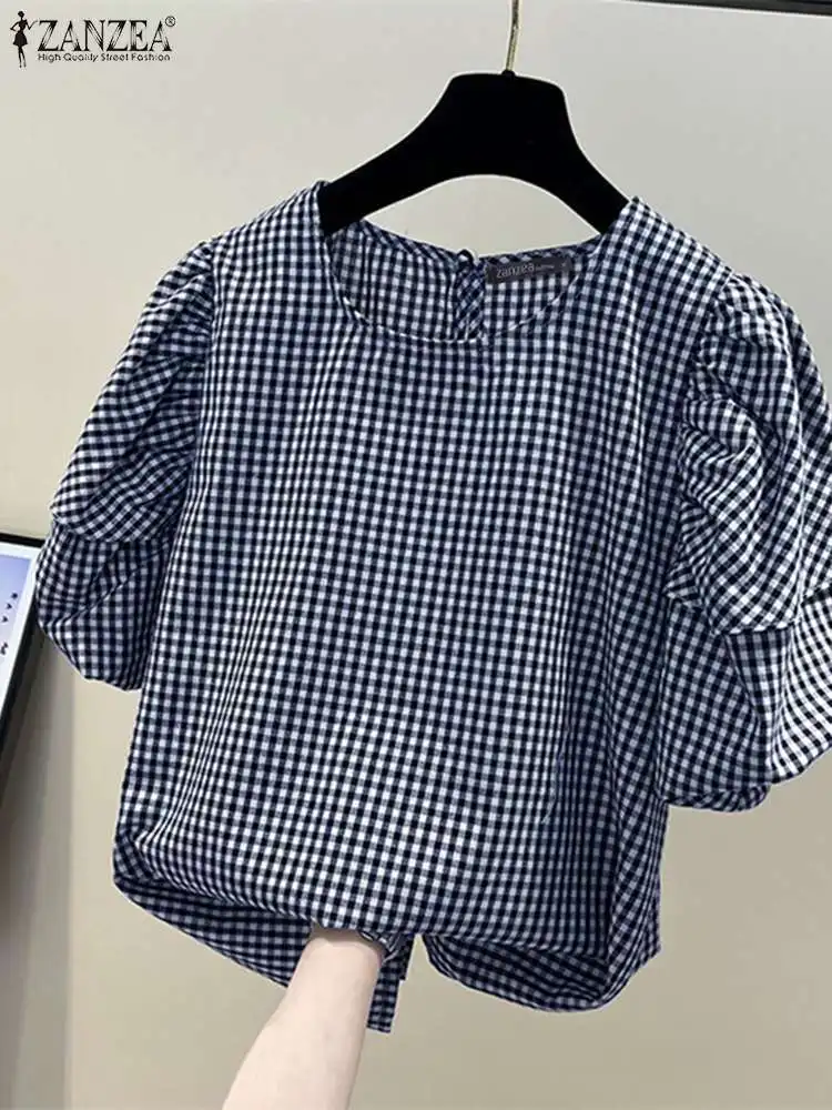 ZANZEA Short Puff Sleeve Women Shirts Comute 2024 Summer Korean Style Elegant Gingham Blouses Casual Checked O Neck Party Tops