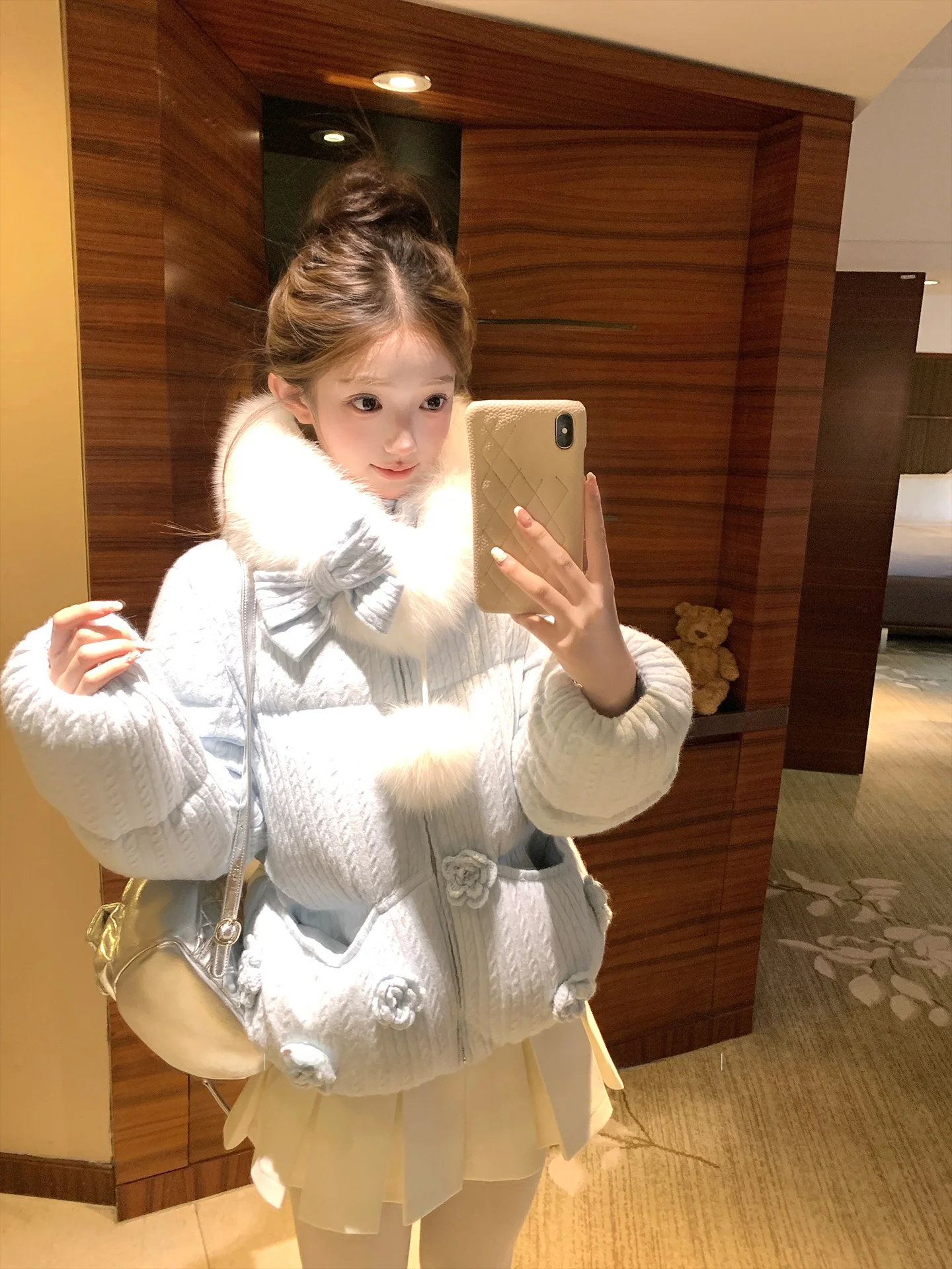 

Blue Knitted Faux Trim Puffer Jaet Women's Winter Warm Top Hooked Flower Bud Design Commute Sle 90% down Fill