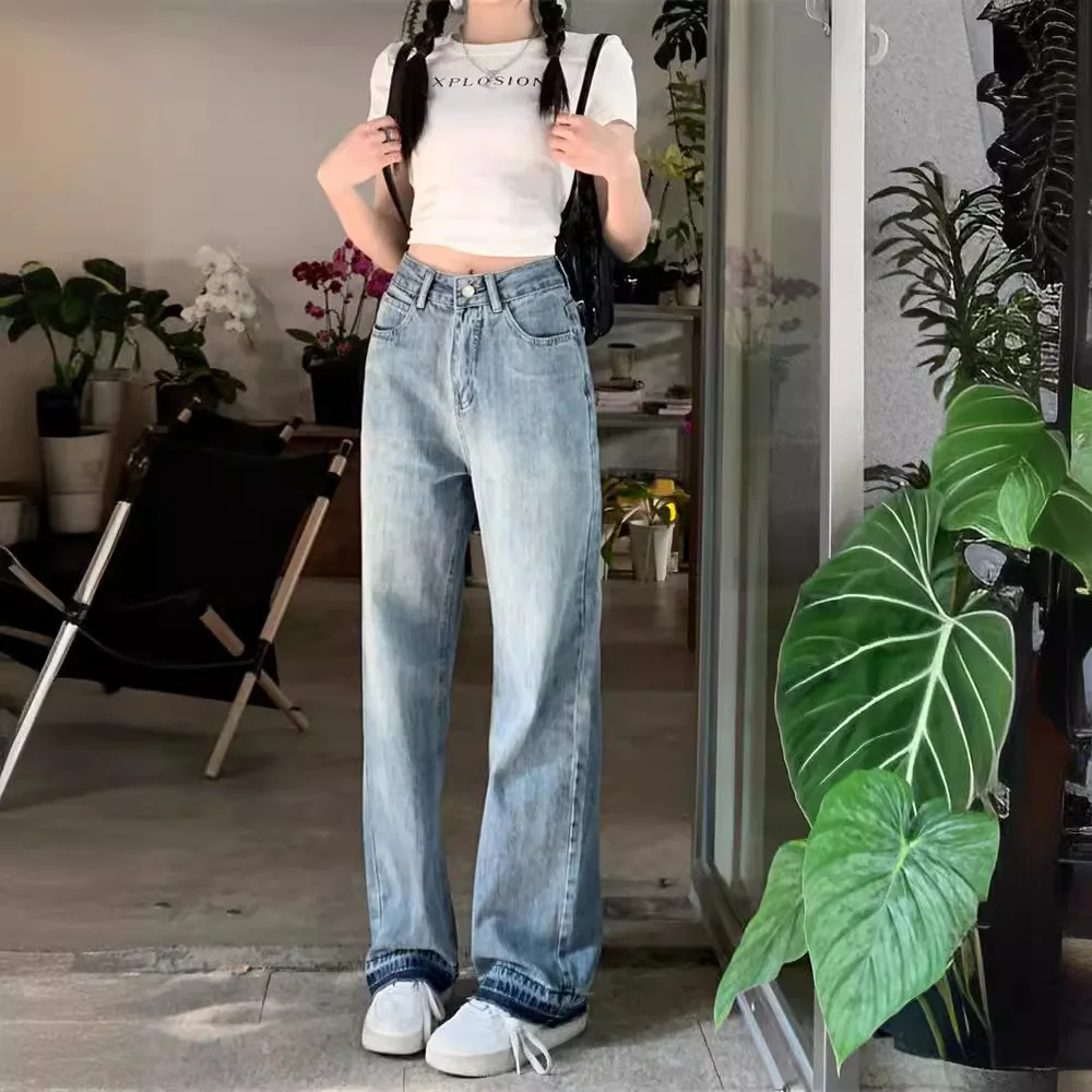 

Color Block Hem Jeans High Waist Loose Straight Leg Pants Trousers
