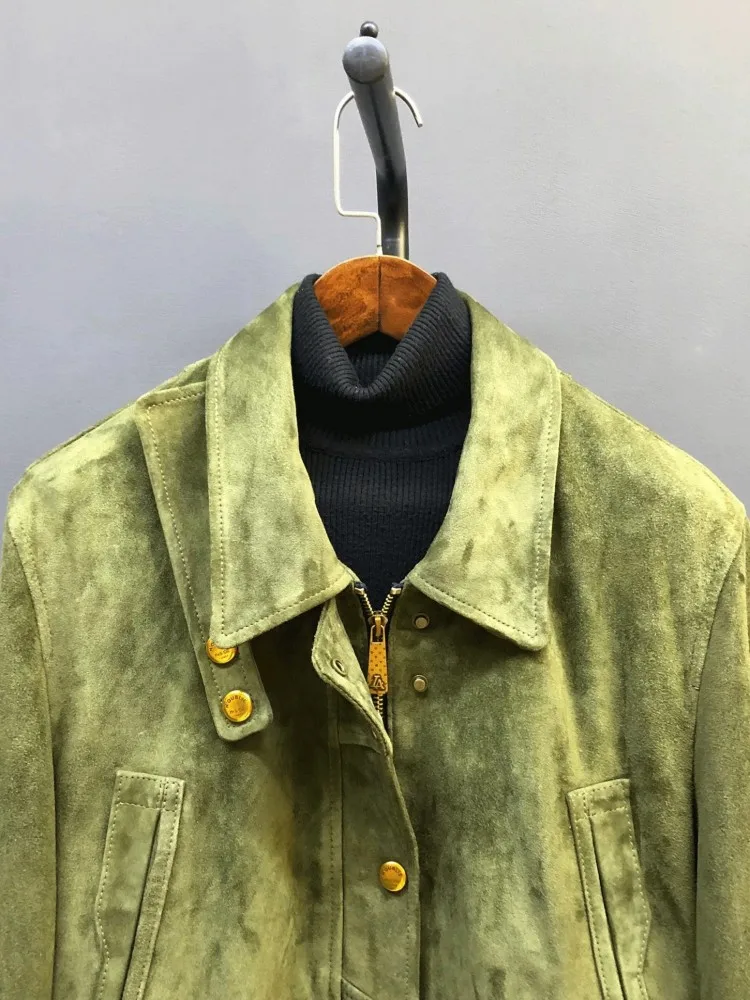 Genuine Suede Leather Lady Jacket Turndown Collar Zipper Short Coat Green Natural Sheepskin Motorcycle Jackets Autumn Outerwear