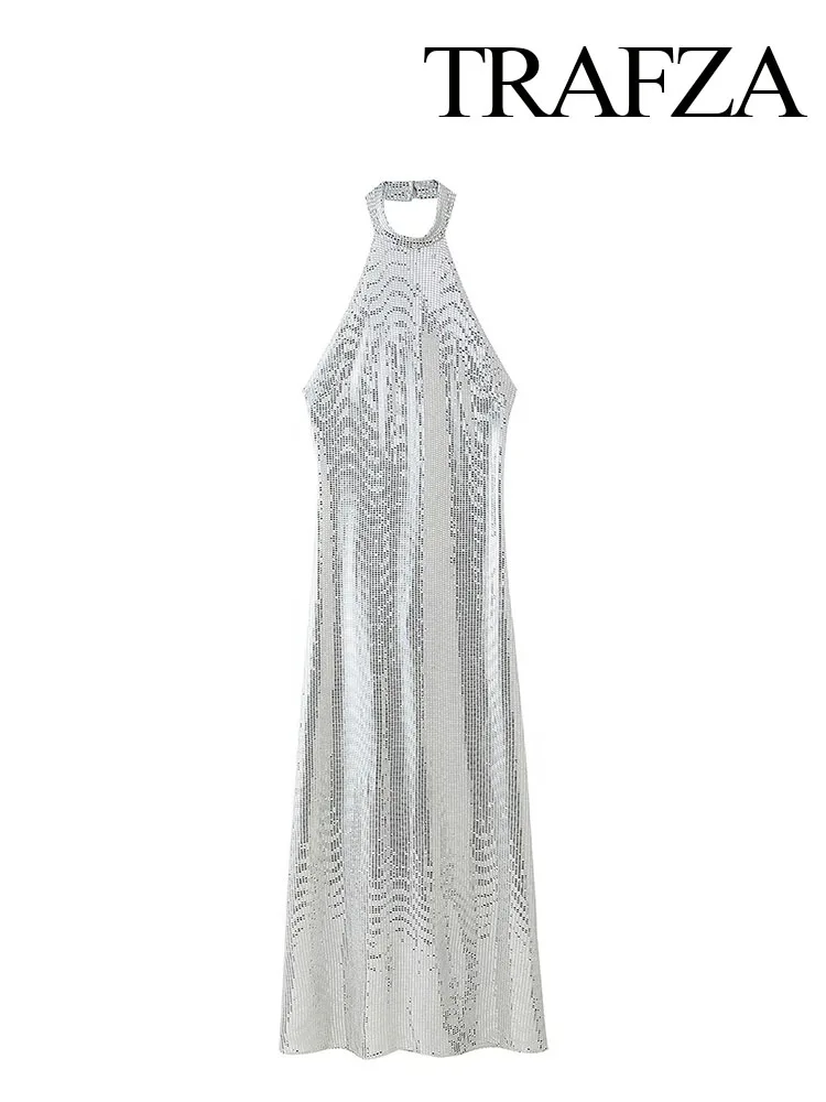 TRAFZA Woman Summer Elegant Dresses Silver Sequin Halter Neck Sleeveless Backless Female Zipper Beach Style Long Dress Mujer