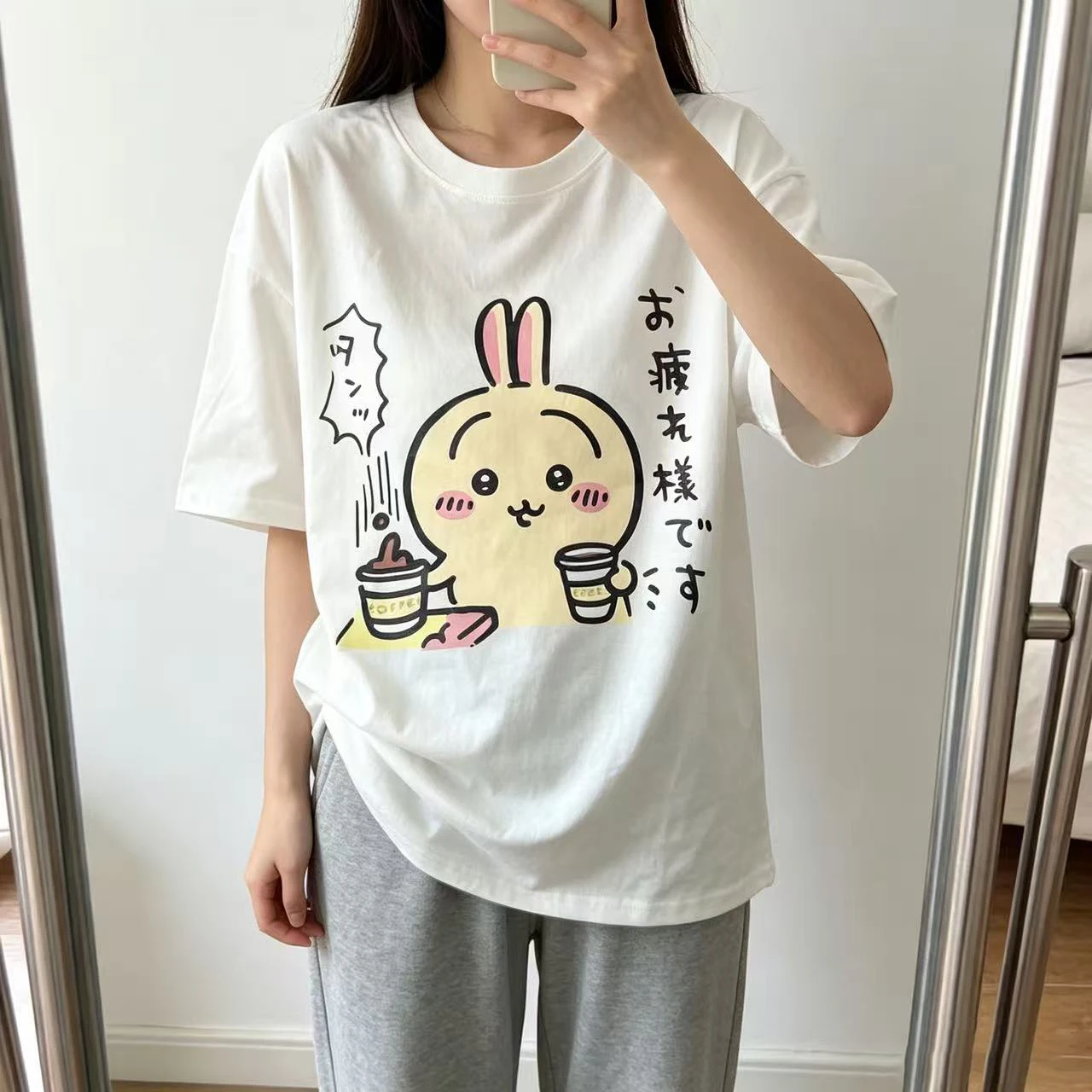 Japanese Usagi Chiikawa Couple printed short sleeved shirt sweat-absorbing cute Usagi versatile T-shirt Comfortable pure cotton