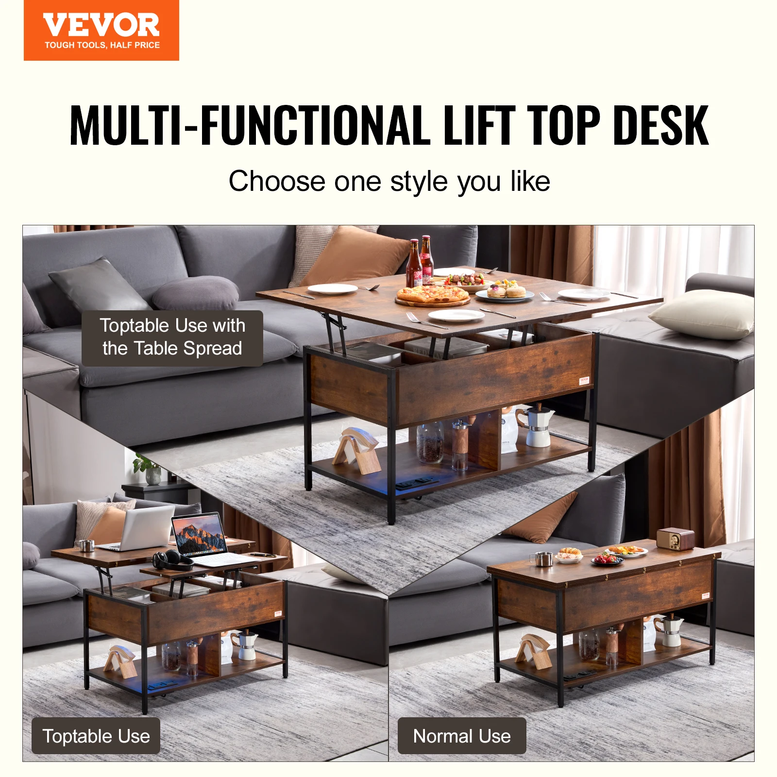 VEVOR Lift Top Coffee Table, 39.4 in Rectangle Coffee Table with Extra Storage Pockets,Flipable Coffee Table w/Power Strip & USB
