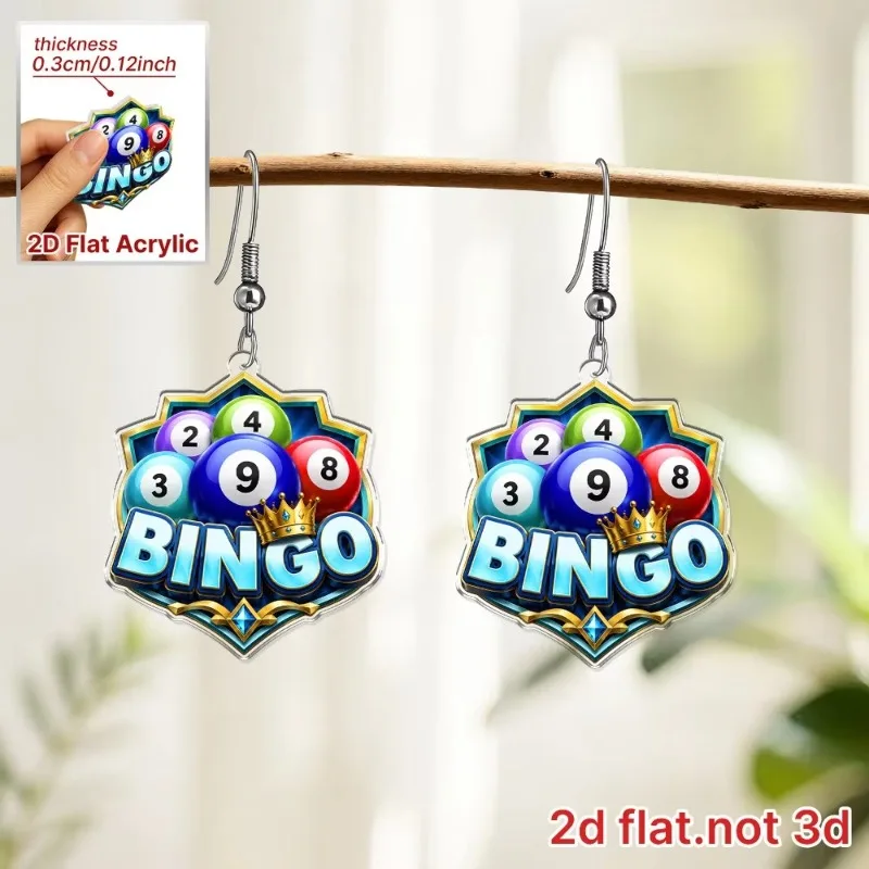 2D Flat Cute and Fun Style Colorful Bingo Ball Acrylic Earrings Number Balls Hook Game Themed Festival Women Jewelry Gift