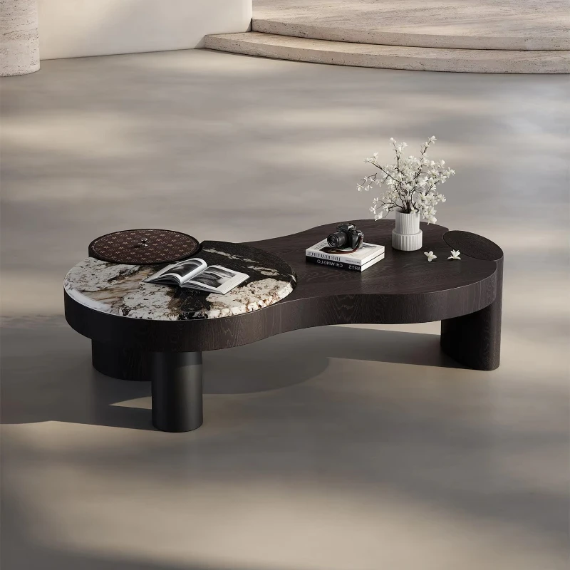 

Modern sculptural coffee table, home living room furniture, high-end marble black walnut base, suitable for hotels and villas